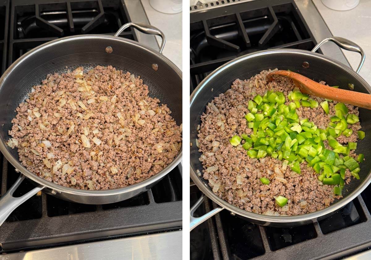 browning ground beef and onion in a skillet, green bell pepper added