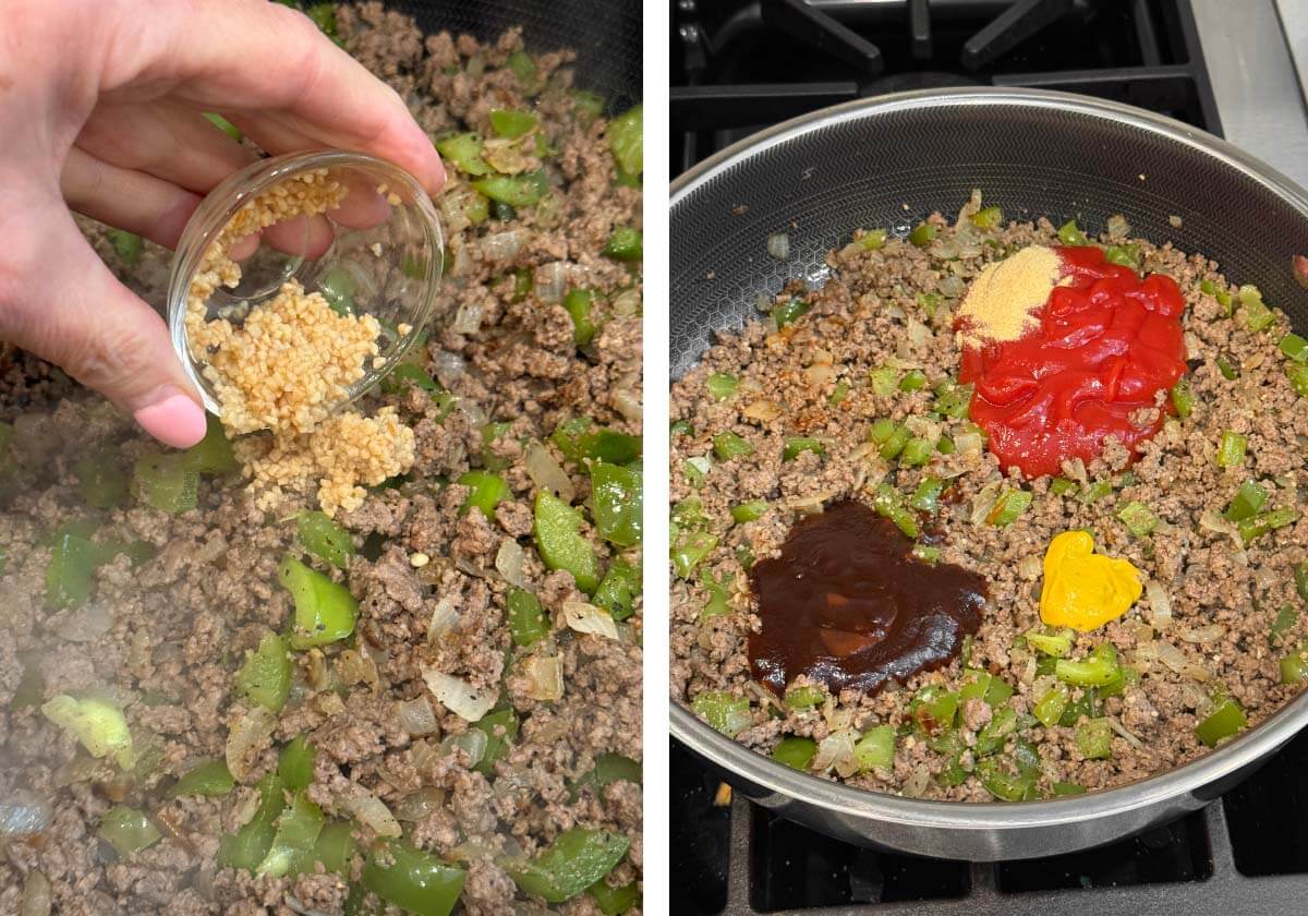 adding minced garlic to ground beef mixture, sauce ingredients added