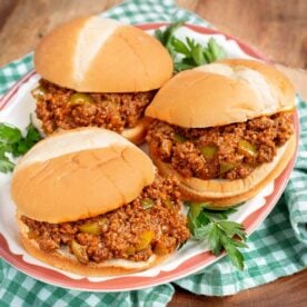 3 sloppy joes on buns on a plate