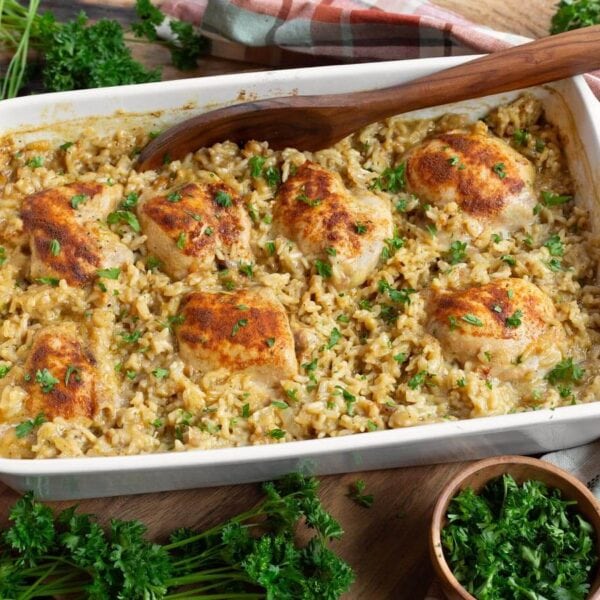 chicken and rice casserole in a baking dish