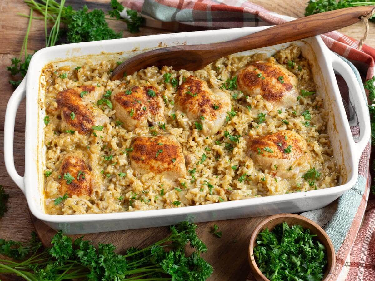 chicken and rice casserole in a baking dish