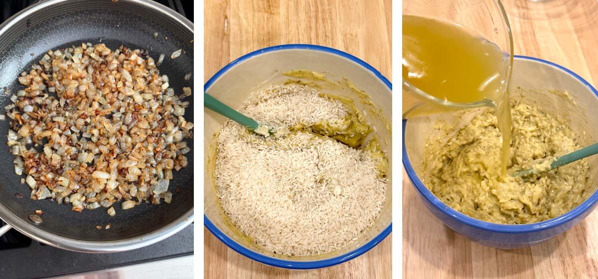 sauté onion, mix rice and soups in bowl, add hot broth and stir