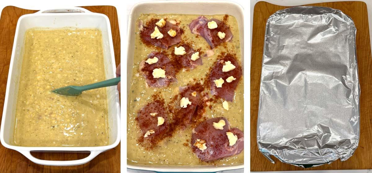 pour casserole mixture into pan, add chicken with paprika and butter on top, cover tightly and bake