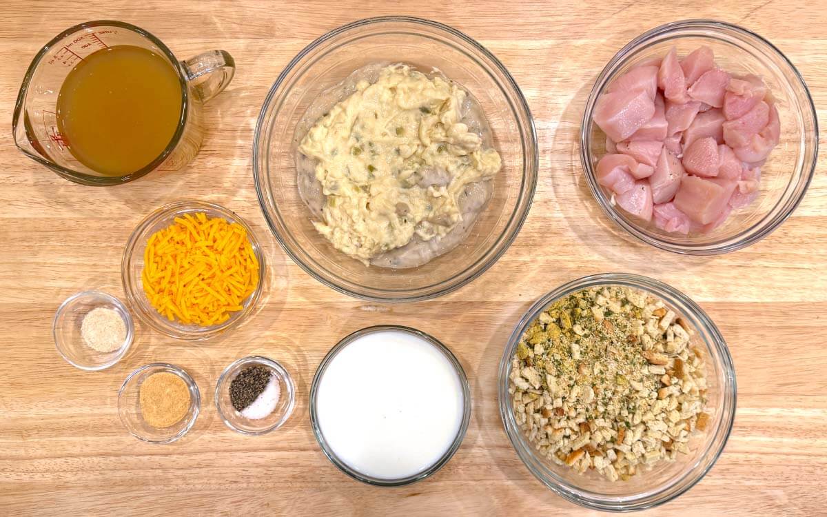Chicken and stuffing casserole ingredients shot