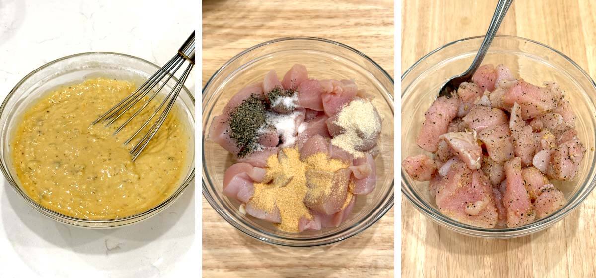 Whisking cream of chicken soup with milk, adding seasonings to chicken pieces, and tossing to coat