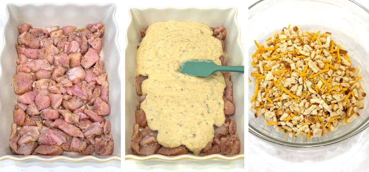 Arranging seasoned chicken in a baking dish, spreading soup mixture over it, and combining stuffing mix with cheddar cheese