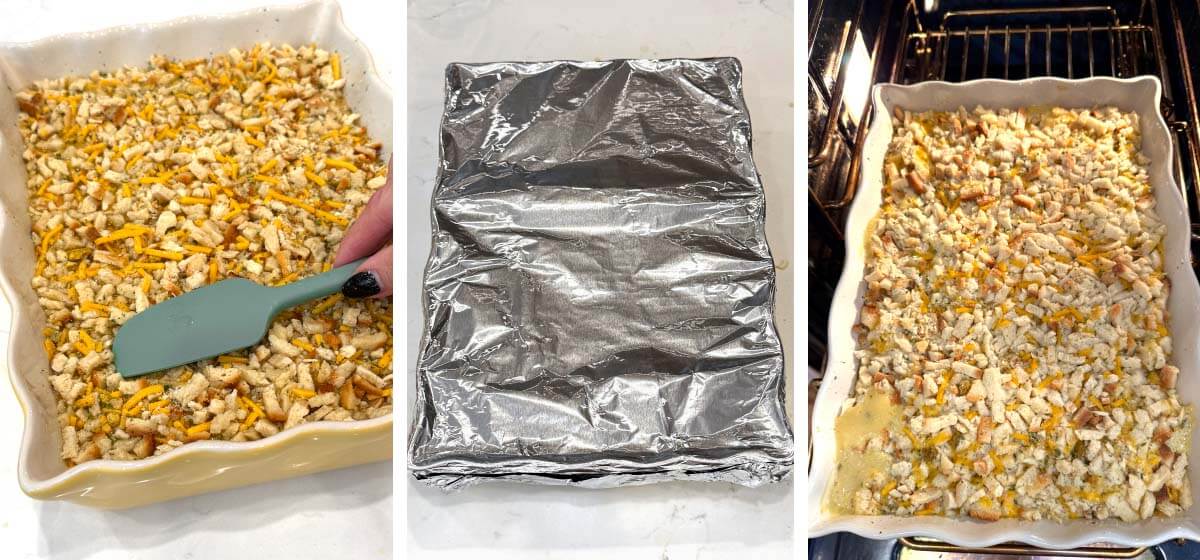 Gently pressing stuffing into the broth, covering the casserole with foil, and baking uncovered for the final portion of cooking