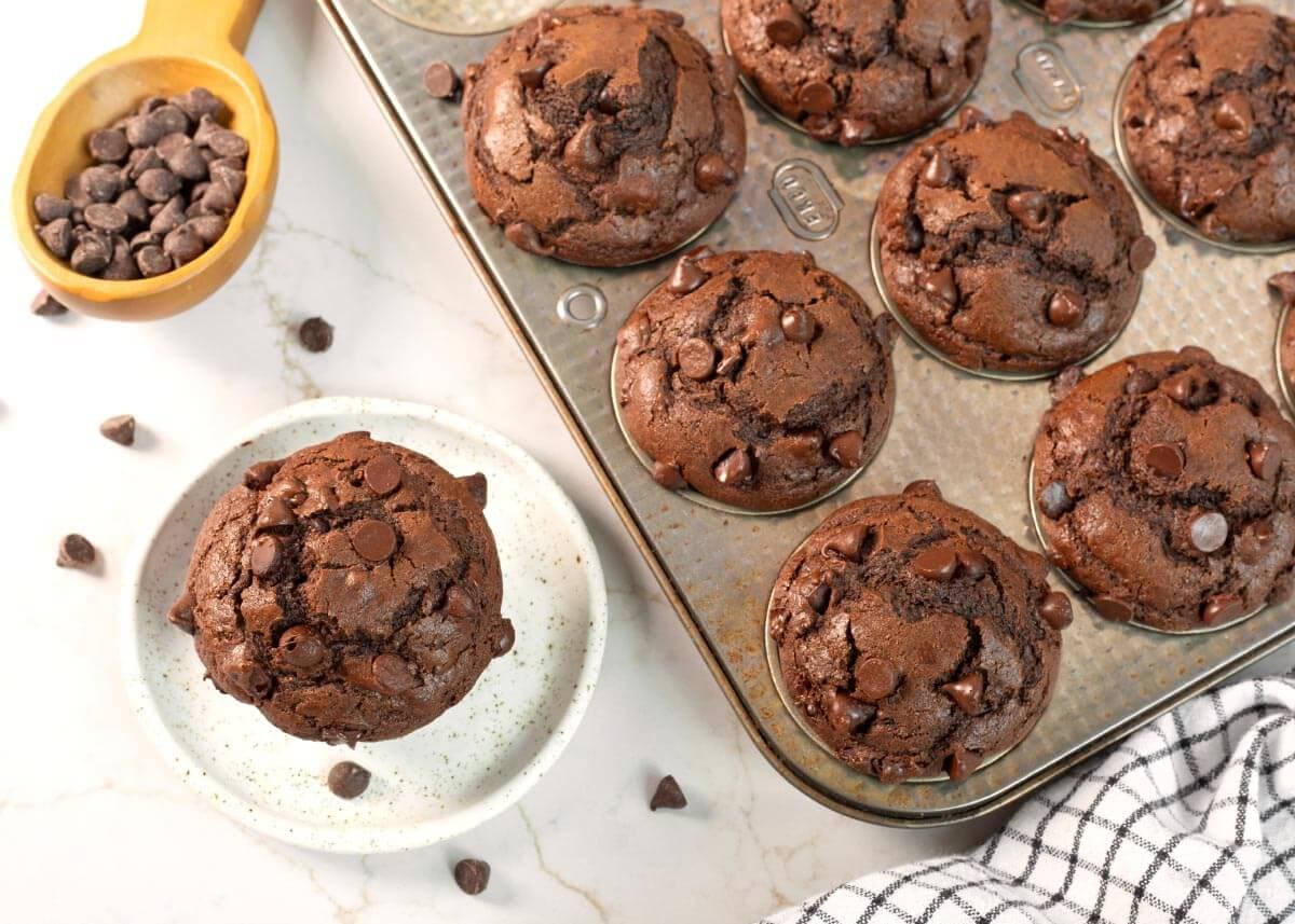 double chocolate muffins in a pan