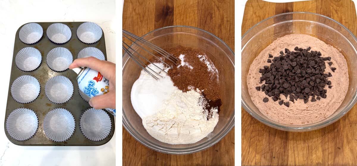 spray muffin liners, mix dry ingredients, add chocolate chips