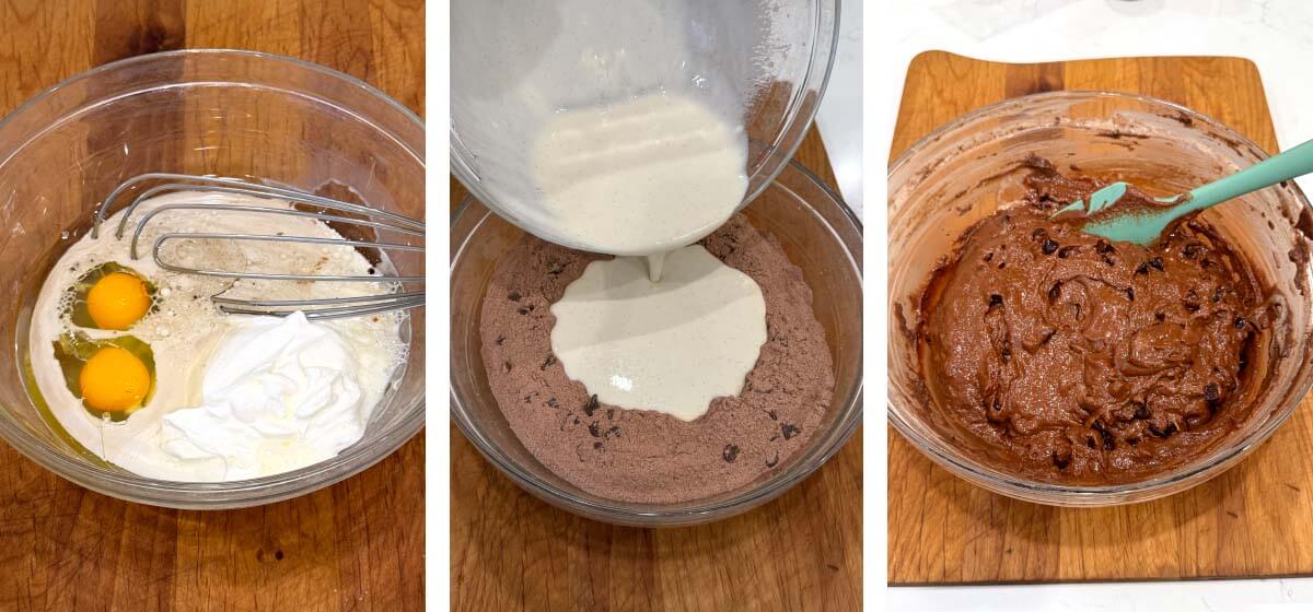 mix eggs and wet ingredients, pour into dry ingredients, mix but don't overmix