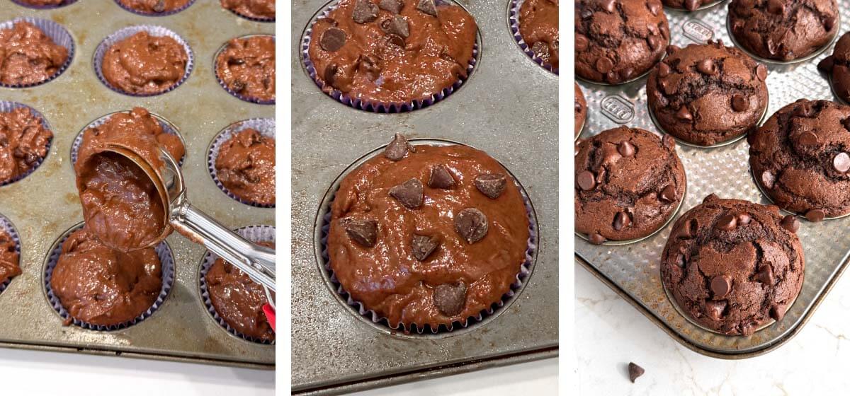 scoop batter into cups, fill all the way, bake