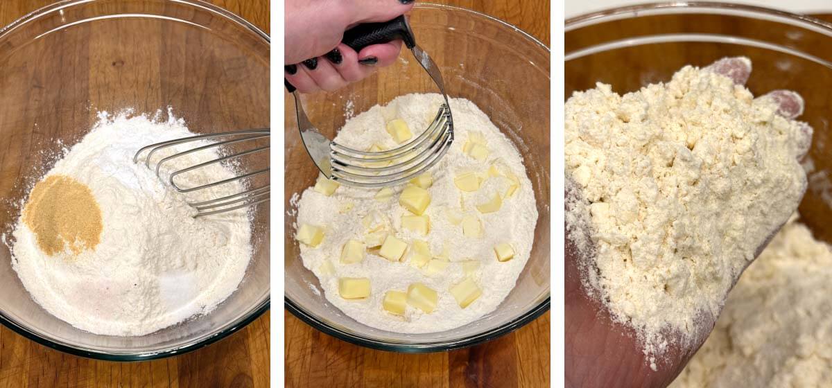 whisk dry ingredients, add cold butter and cut in, pea sized crumbs