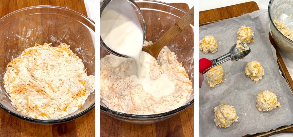 add shredded cheese, stir in cold buttermilk, scoop dough onto baking sheet pan