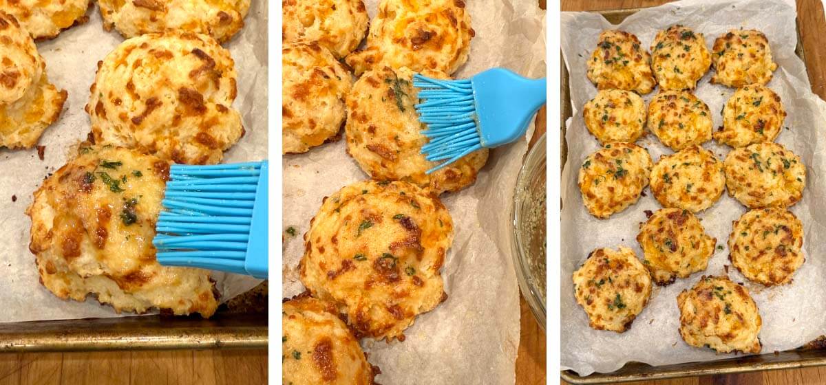 after baking, brush biscuits with garlic butter