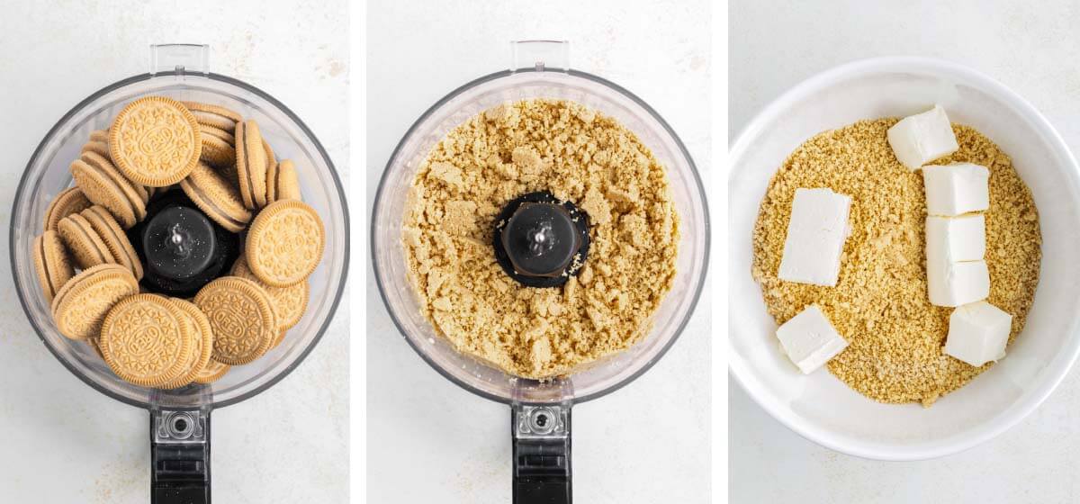 Golden Oreos before and after crushing in a food processor, then combined with cream cheese in a bowl