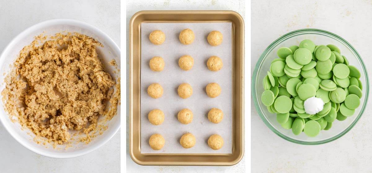 Mixed cookie filling, rolled truffle balls on a lined baking sheet, and green candy melts with shortening