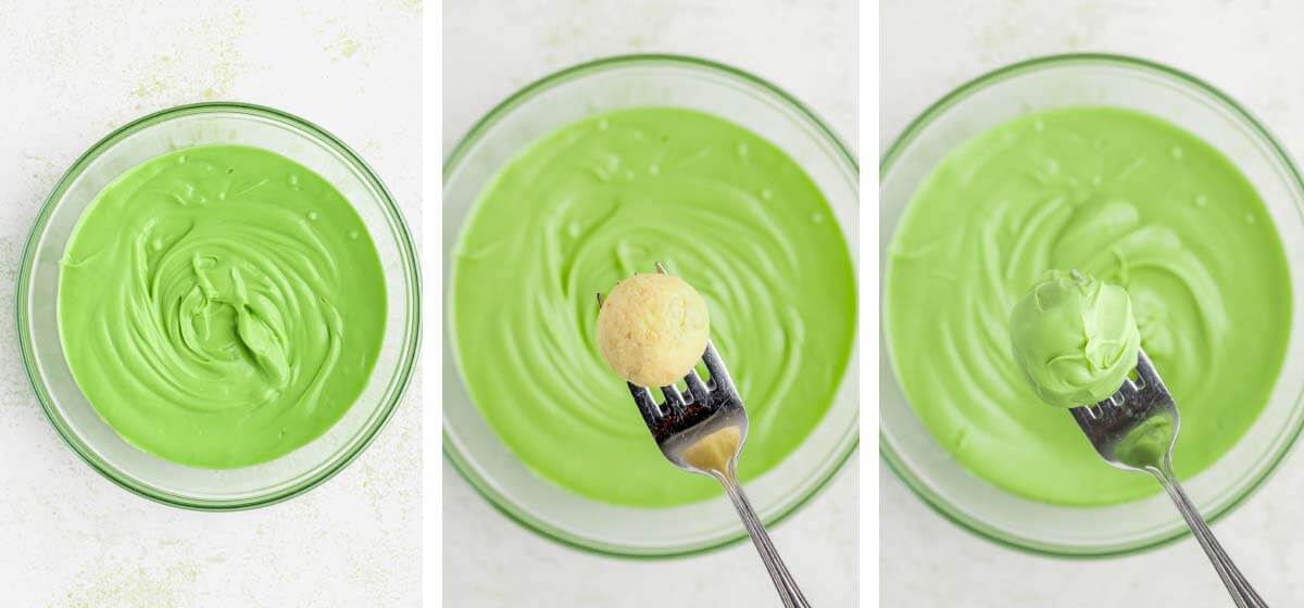 Melted green candy coating and a fork holding a truffle before and after dipping