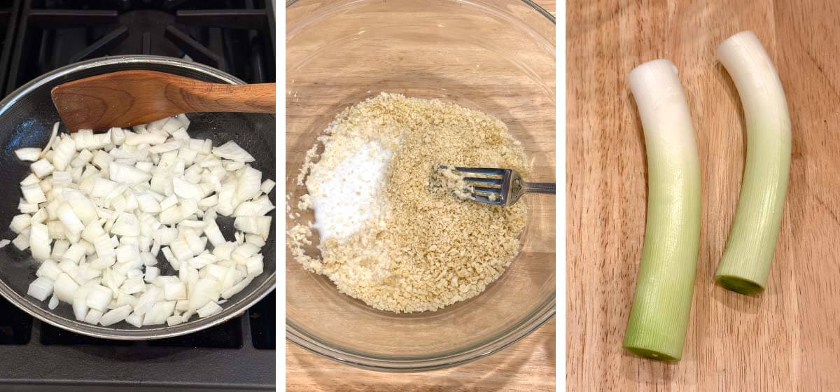 Diced onion cooking in a skillet, panko breadcrumbs soaking in milk, and leek sections prepared for the ankle bones.