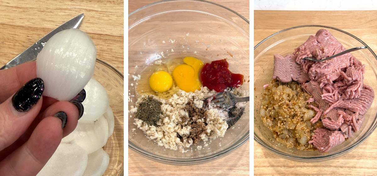 Cutting curved onion toenails, mixing eggs and seasonings with the breadcrumbs, and adding ground turkey and cooked onion.