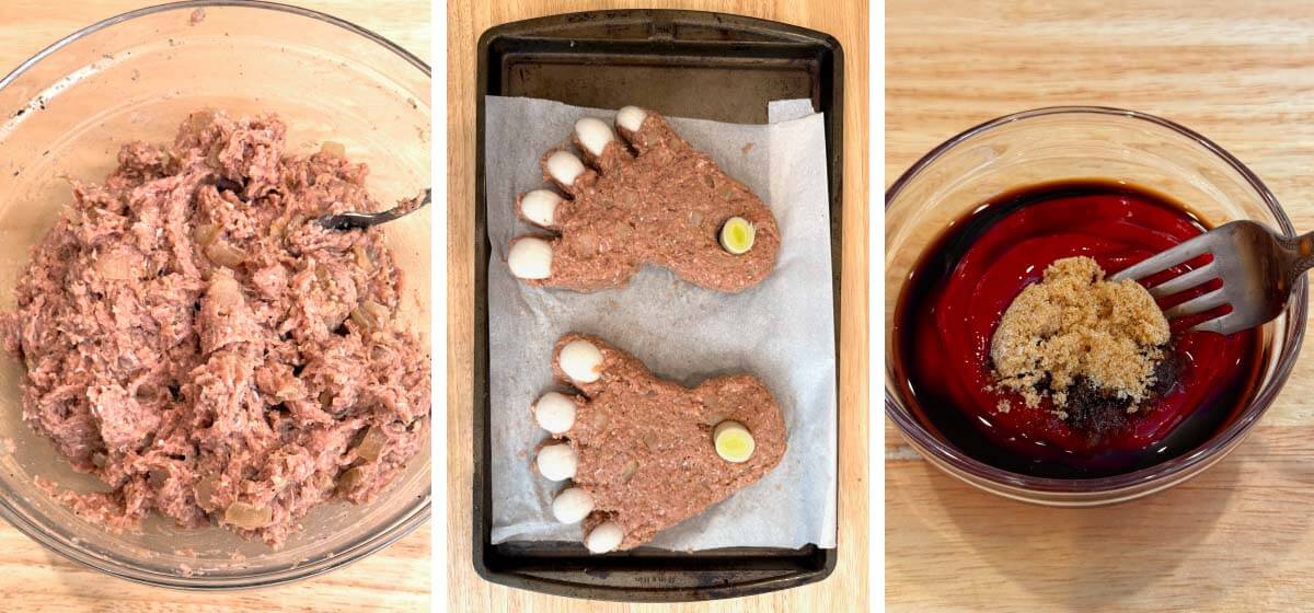 Mixing the turkey meatloaf, shaping two feet with onion toenails and leek bones, and preparing the ketchup glaze.