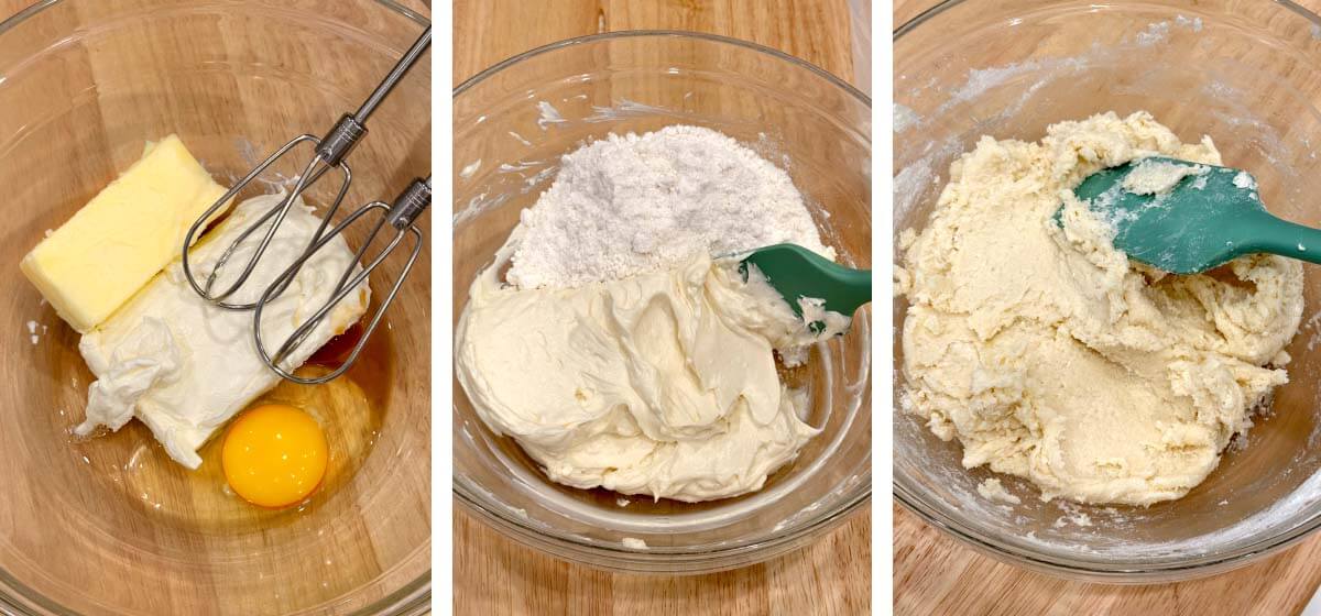 Three steps showing cream cheese, butter, egg, and vanilla being mixed, followed by adding cake mix and forming cookie dough.