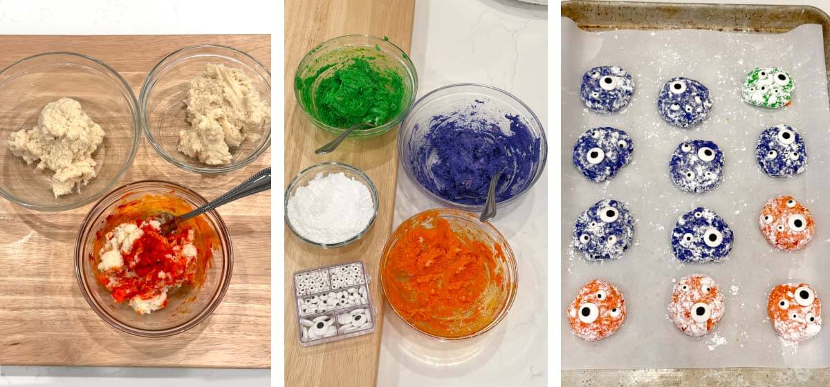 Halloween cookie dough divided into portions, colored green, purple, and orange, then shaped with powdered sugar and candy eyes for baking.
