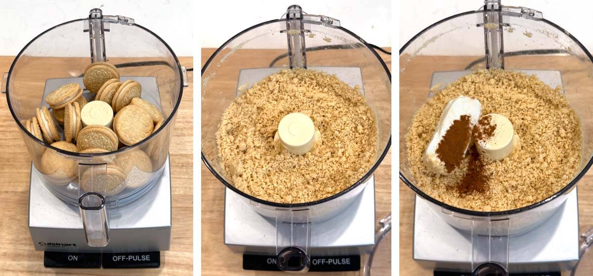 Golden Oreos crushed into fine crumbs in a food processor, then topped with cream cheese and cinnamon