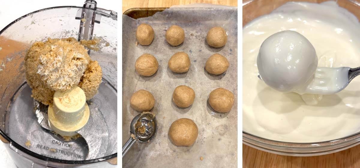 Golden Oreo truffle filling mixed, rolled into balls, and dipped in melted white coating