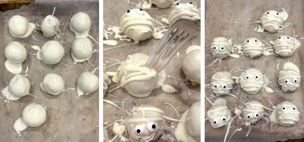 White-coated Oreo truffles decorated with fork-drizzled mummy bandages and candy eyes