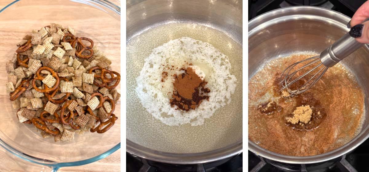 Step-by-step photos showing Cinnamon Chex and pretzels coated with buttery cinnamon mixture, baked, and drizzled with white chocolate and Halloween candy.