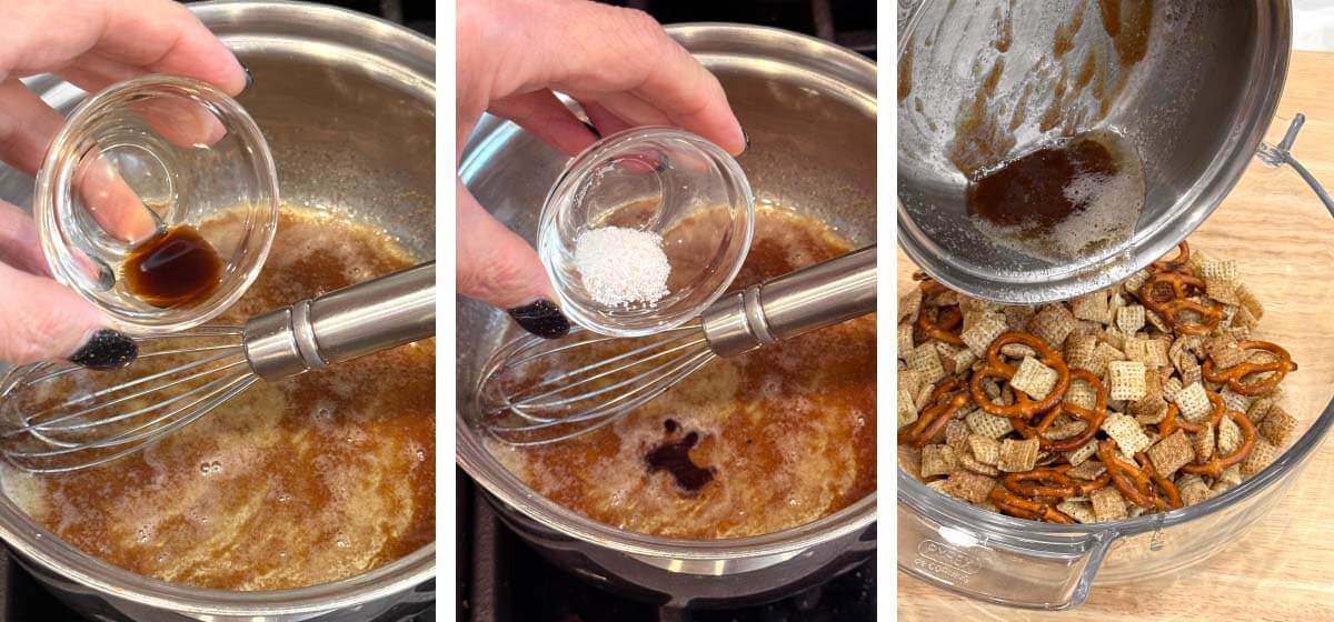 Step-by-step photos showing Cinnamon Chex and pretzels coated with buttery cinnamon mixture, baked, and drizzled with white chocolate and Halloween candy.