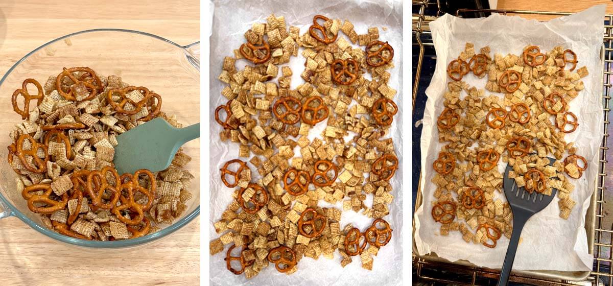 Step-by-step photos showing Cinnamon Chex and pretzels coated with buttery cinnamon mixture, baked, and drizzled with white chocolate and Halloween candy.
