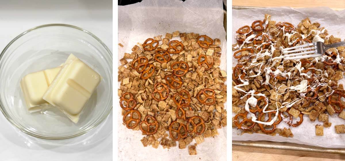 Step-by-step photos showing Cinnamon Chex and pretzels coated with buttery cinnamon mixture, baked, and drizzled with white chocolate and Halloween candy.