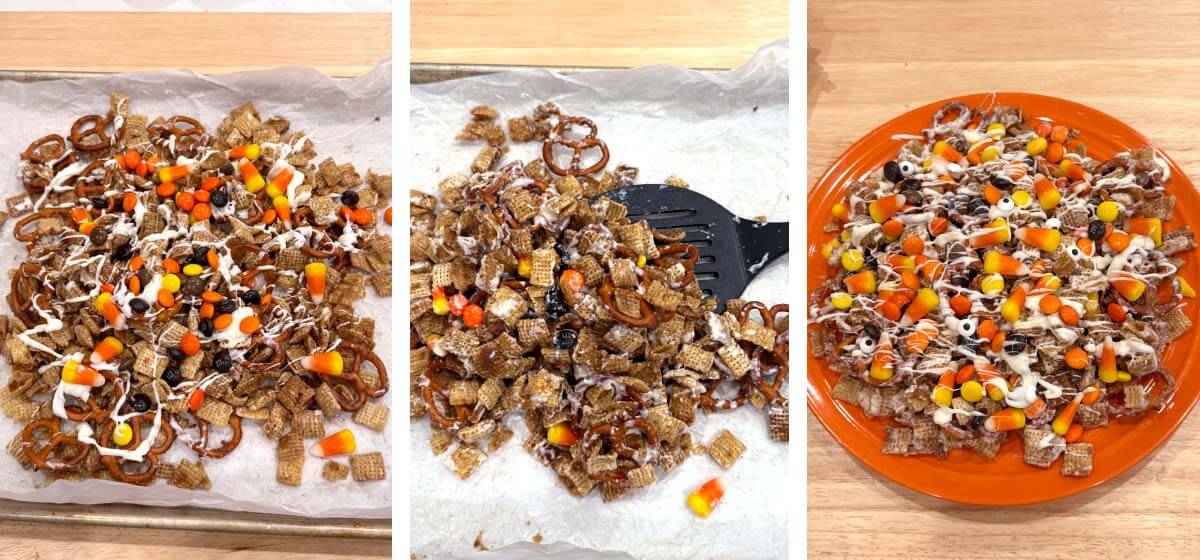 Step-by-step photos showing Cinnamon Chex and pretzels coated with buttery cinnamon mixture, baked, and drizzled with white chocolate and Halloween candy.