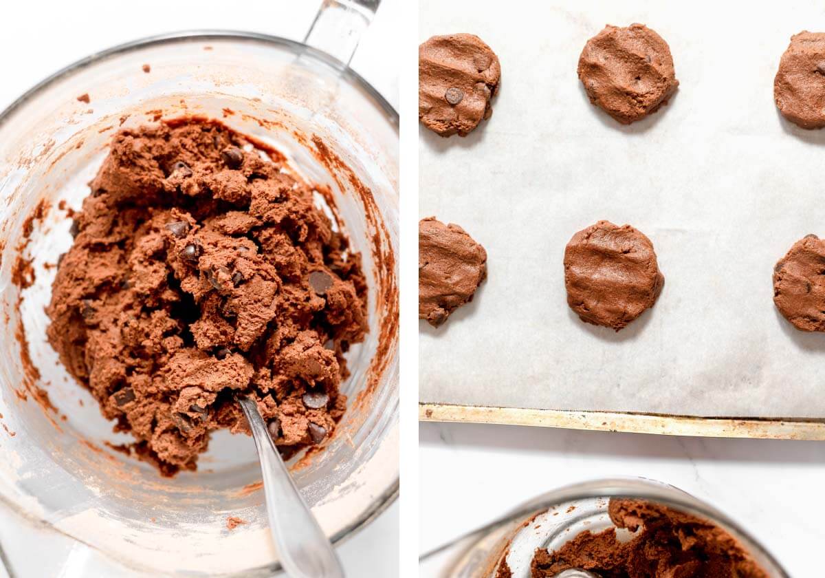Chocolate chip cocoa dough in a mixing bowl beside flattened dough portions on a parchment-lined baking sheet