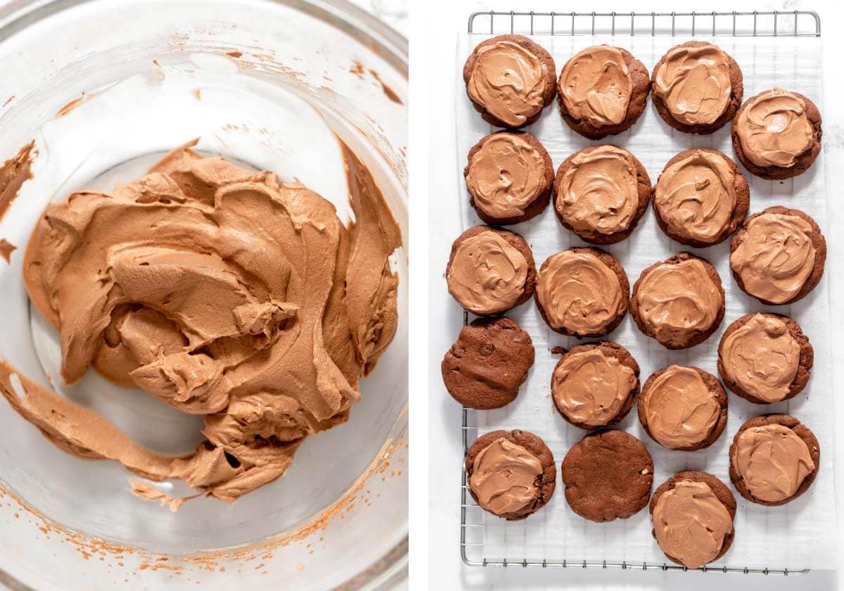 Whipped chocolate frosting in a bowl beside frosted hot cocoa cookies on a cooling rack