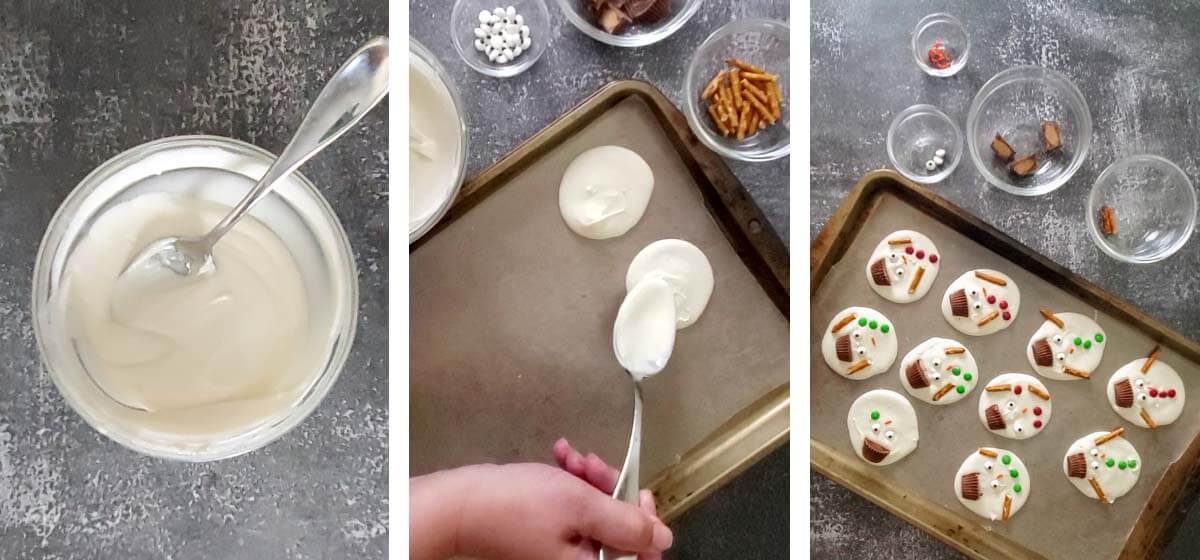 Steps for making melted snowman bark: melting almond bark, spooning puddles onto a lined baking sheet, and decorating with candies and pretzels.