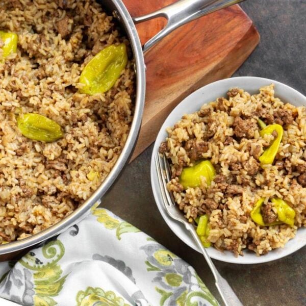 mississippi ground beef and rice in a skillet and in a bowl