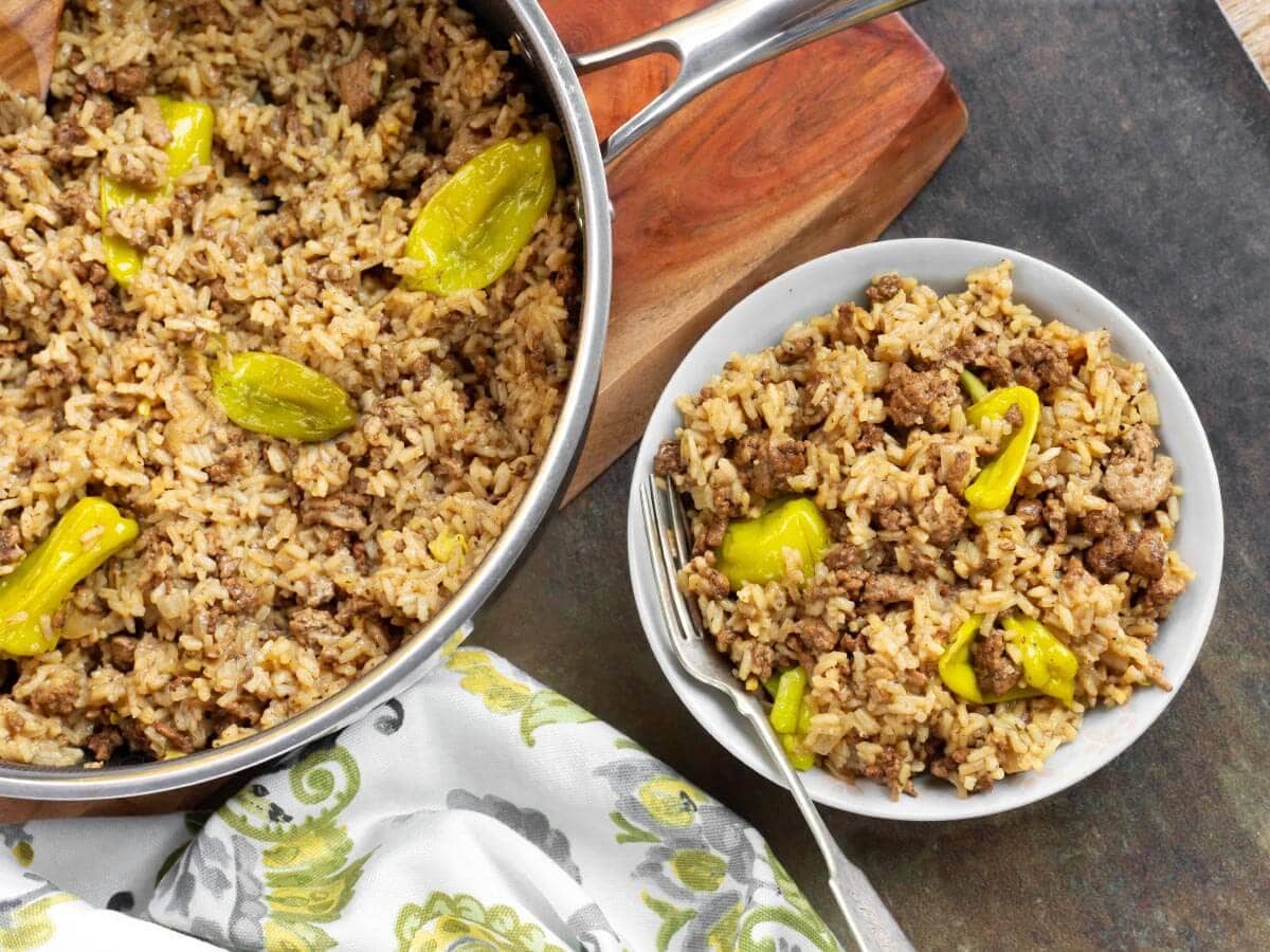 mississippi ground beef and rice in a skillet and in a bowl