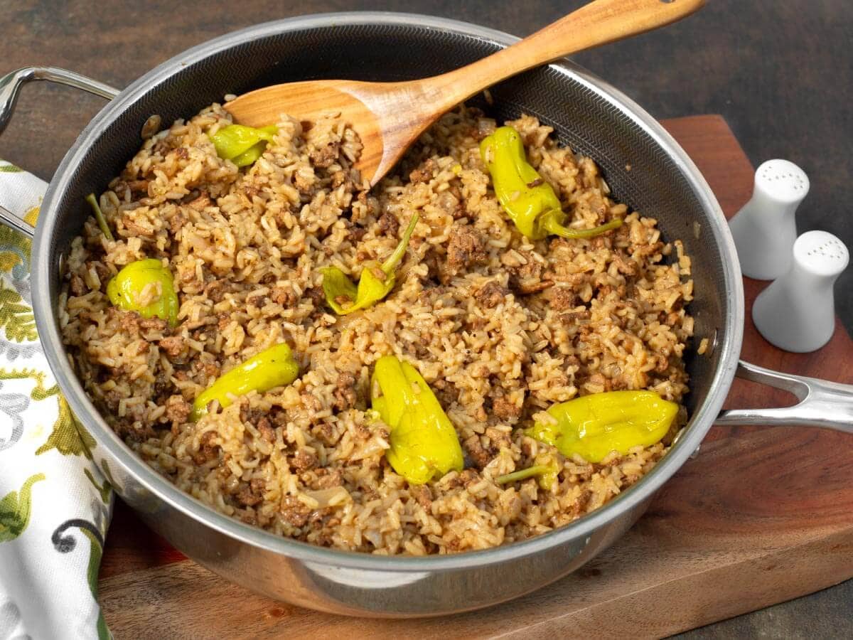 mississippi ground beef and rice in a skillet