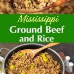 mississippi ground beef and rice in a skillet and on a spoon