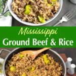 mississippi ground beef and rice in a skillet and in a bowl