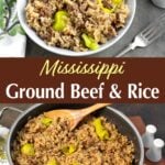mississippi ground beef and rice in a skillet and in a bowl