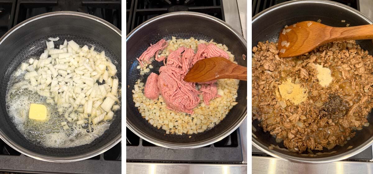 brown onions in butter, add ground meat and cook, add seasonings