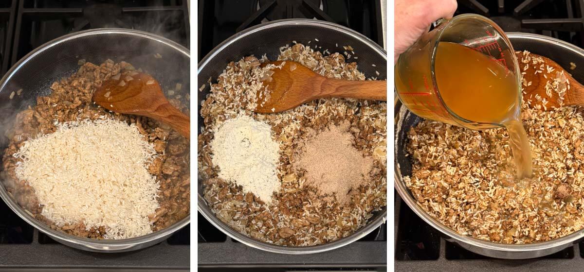 add rice, add seasoning packets, pour in broth