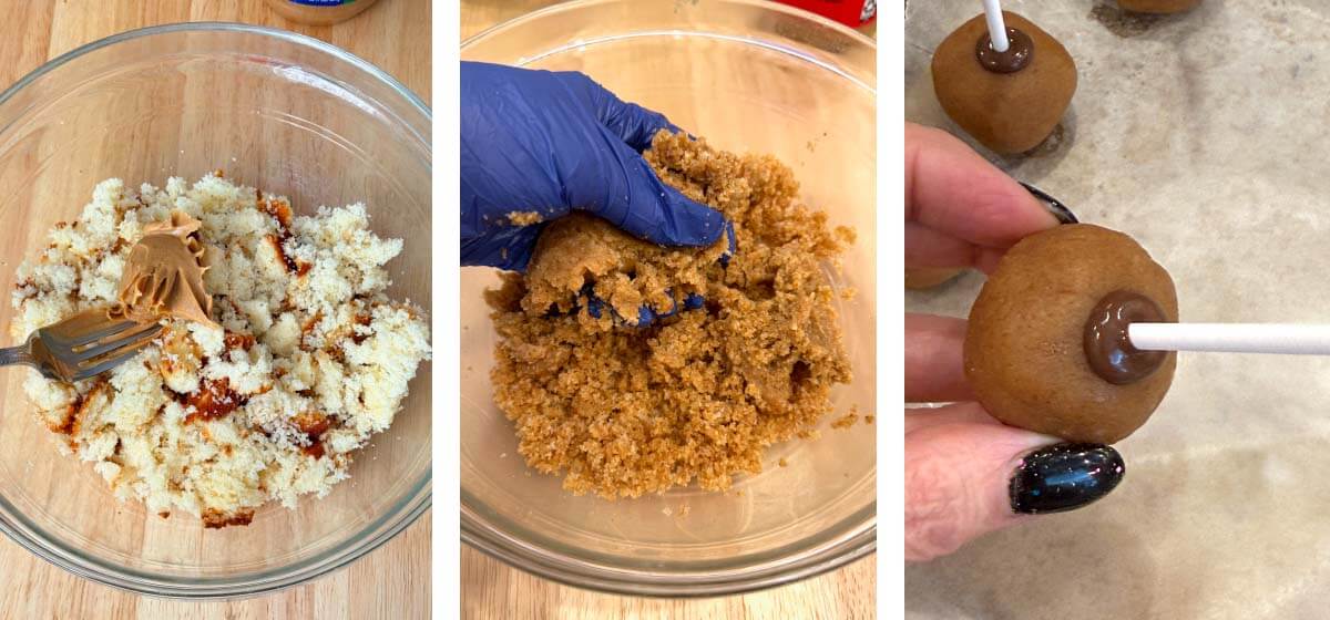 Crumbled cake mixed with creamy peanut butter to make Halloween cake pops
