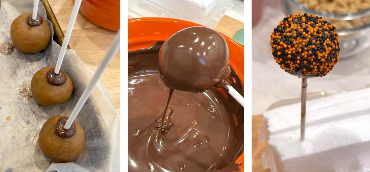 Homemade cake mixture rolled into small balls before chilling and dipping in chocolate, Cake pop dipped into melted chocolate coating before adding Halloween decorations, Chocolate-covered cake pops decorated with Halloween sprinkles and candy eyes