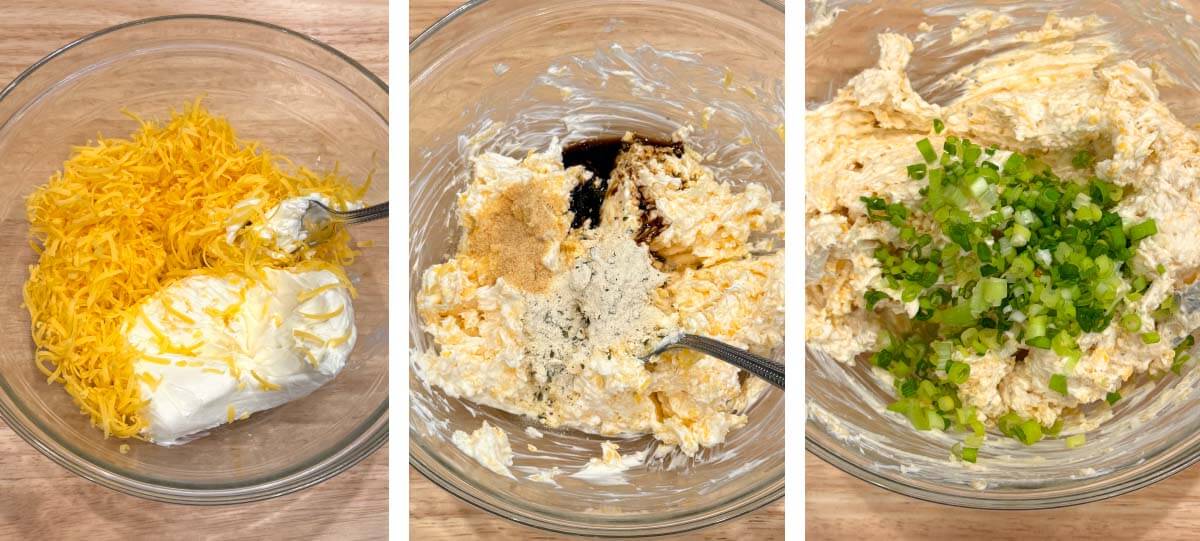 Three steps showing cream cheese and cheddar being mixed, seasonings added, and chopped green onions stirred into the cheese ball mixture.