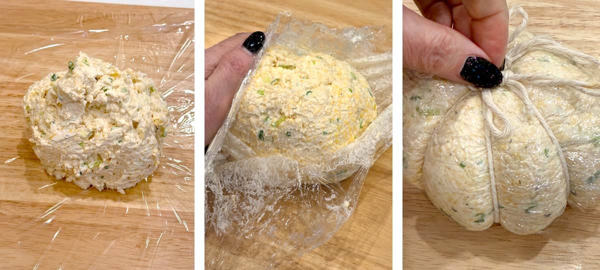 Three steps showing cheese ball mixture transferred onto plastic wrap, shaped into a ball, and tied with kitchen twine to form pumpkin grooves.
