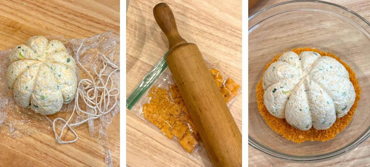 Three steps showing pumpkin cheese ball unwrapped, Cheez-Its crushed with a rolling pin, and the shaped cheese ball placed in cracker crumbs for coating.